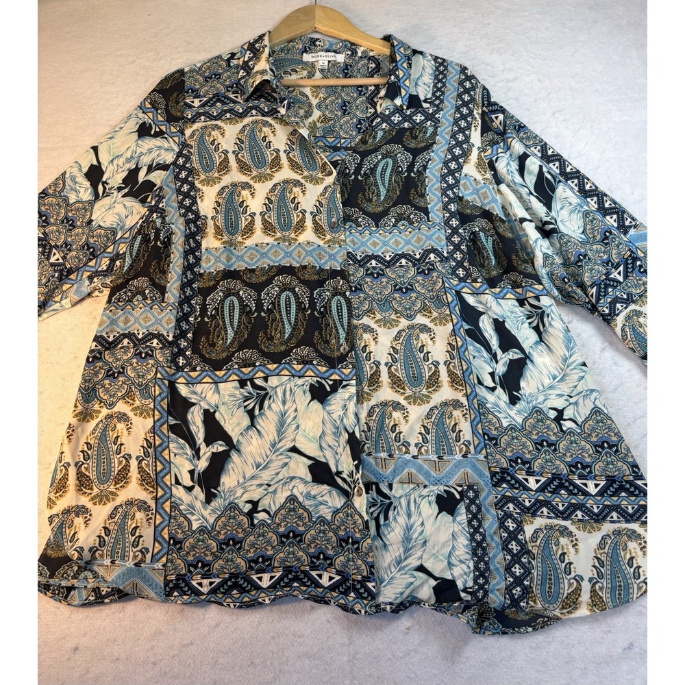 Rose & Olive Blue & White Mixed-Print Button-Down Shirt Sz 1X Boho